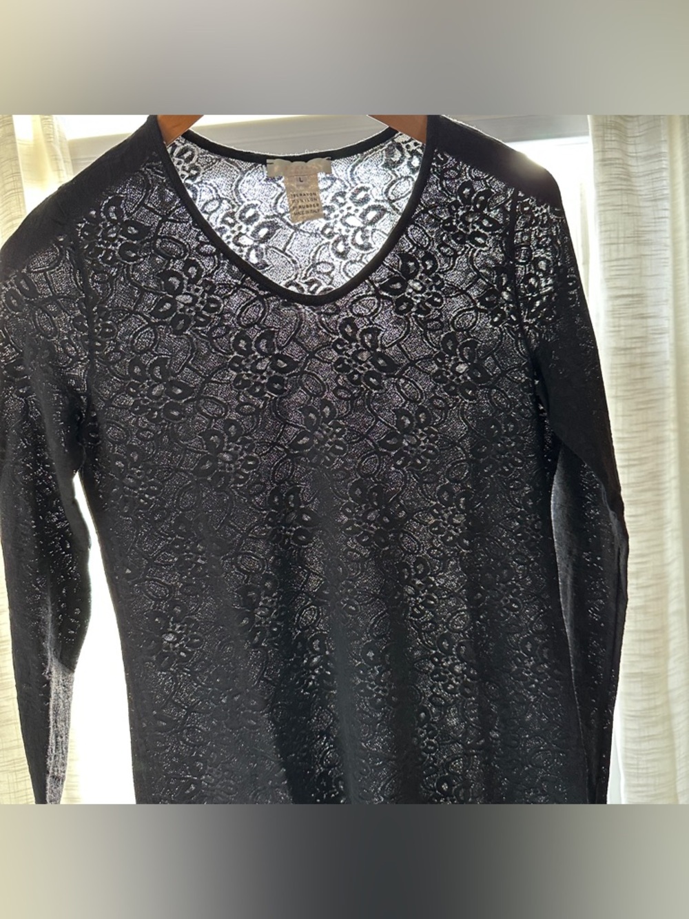 Vintage Italian Y2K Black Lace Sheer Long Sleeve Stretch Top Cadeau Size L